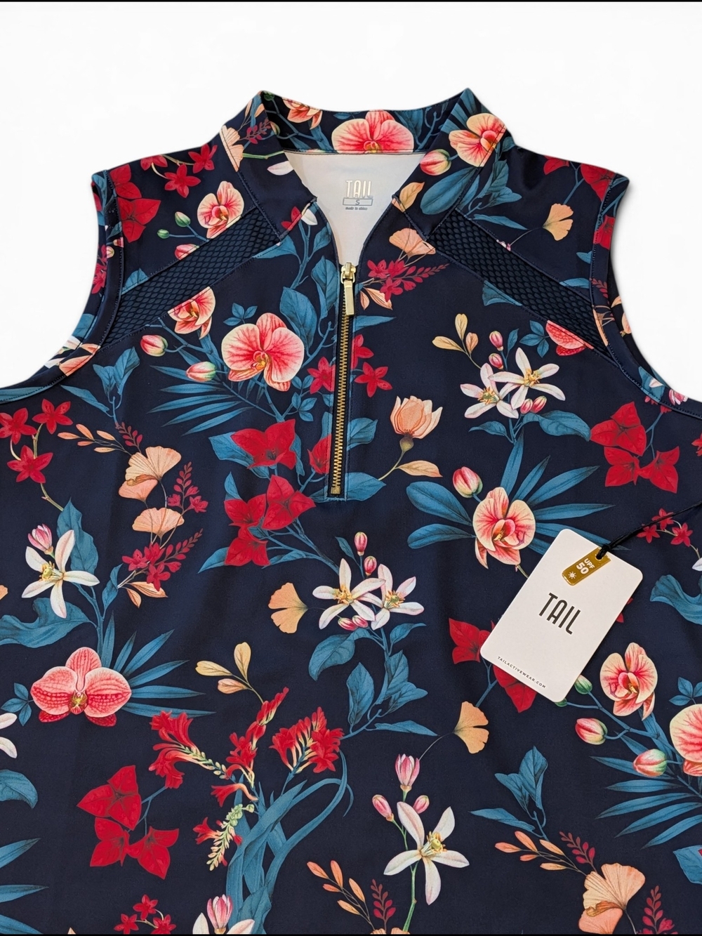 TAIL Navy Tropical Floral Sleeveless Zip-Front Golf Tank Size M - Picture 3 of 6
